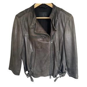 All Saints Turne Biker Leather Jacket - 3/4 sleeves - Grey